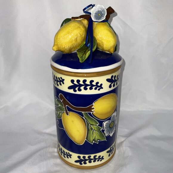 NWT BLUE SKY CLAYWORKS LEMON JUICE BLUE YELLOW WHITE SMALL CANISTER COOKIE JAR - Picture 1 of 8